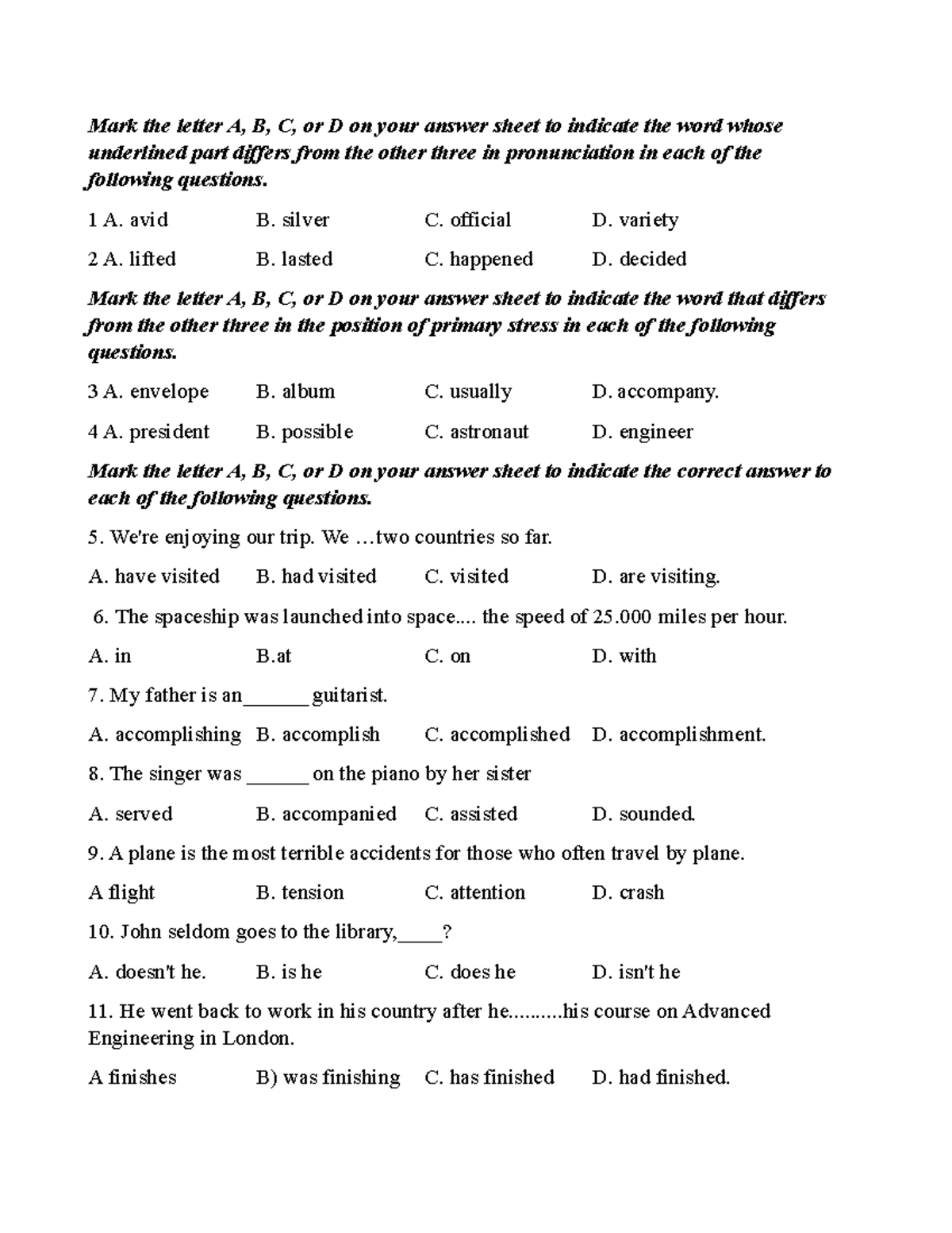 English-2 - Mark The Letter A, B, C, Or D On Your Answer Sheet To ...