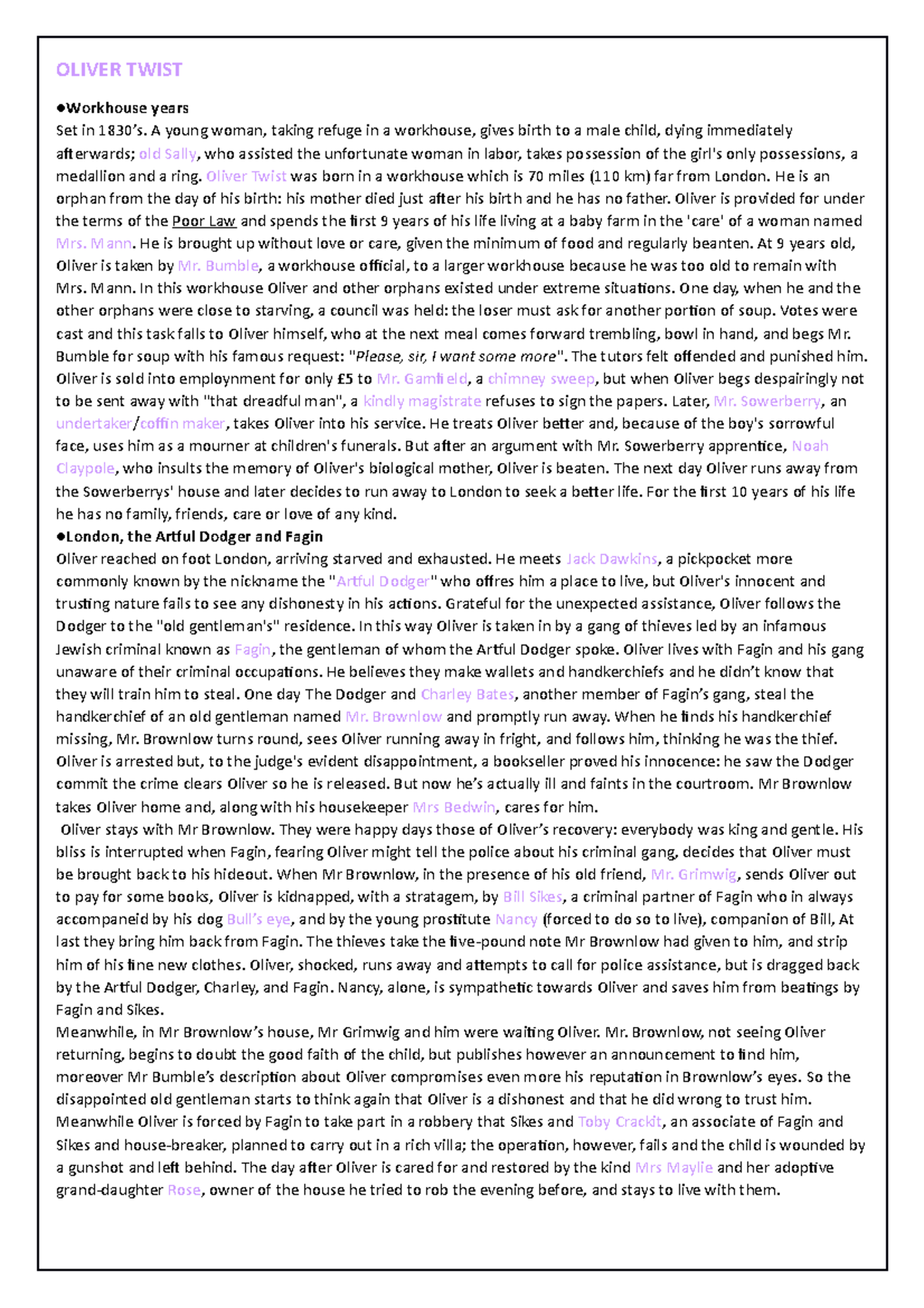 Summary Plot Oliver Twist - OLIVER TWIST Workhouse years Set in 1830's ...