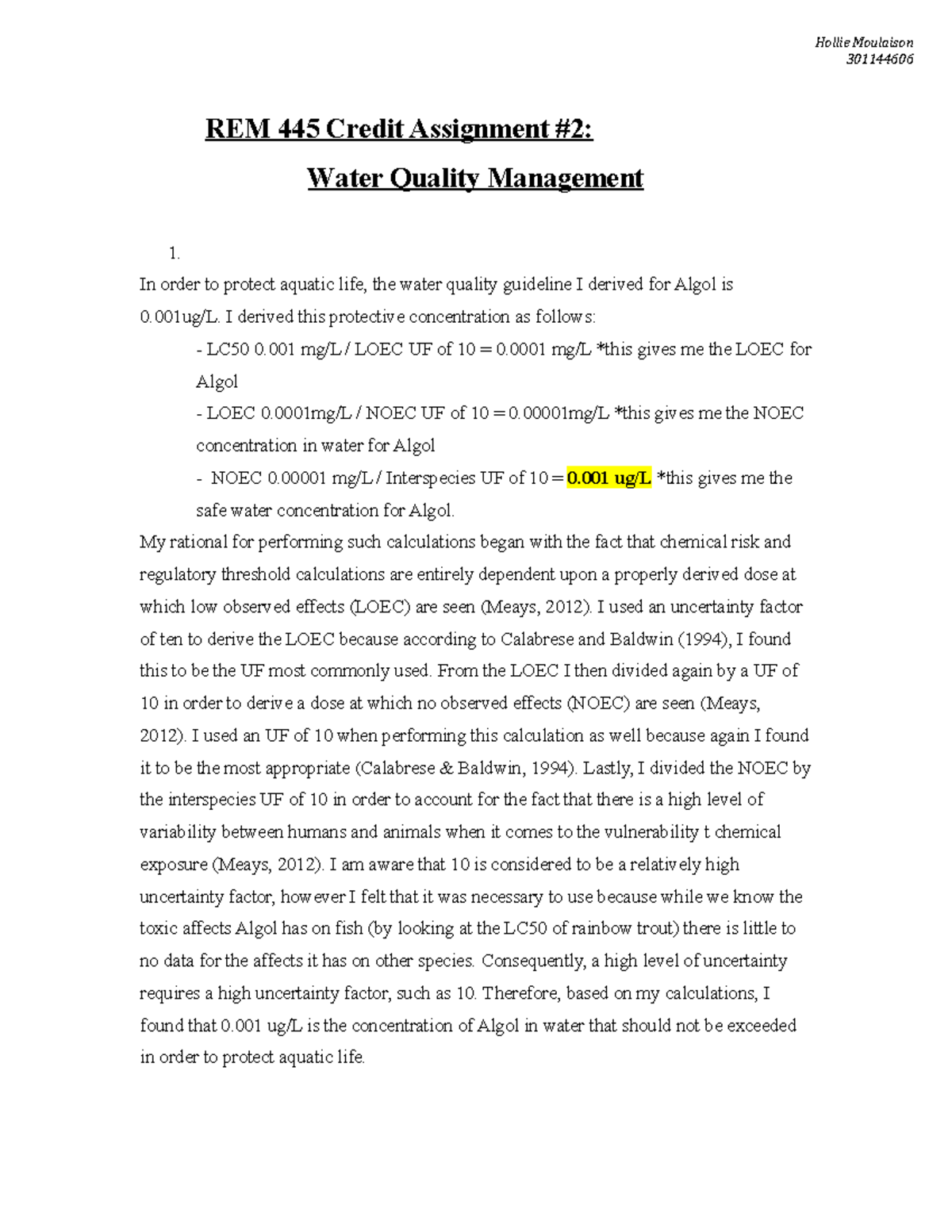 Seminar assignments - assignment 2 - water quality management - REM 445 ...