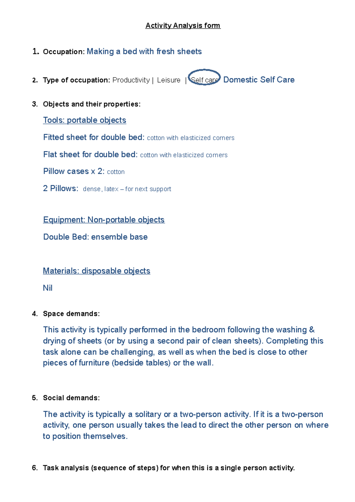 Making a bed activity analysis week 8 Activity Analysis form 1