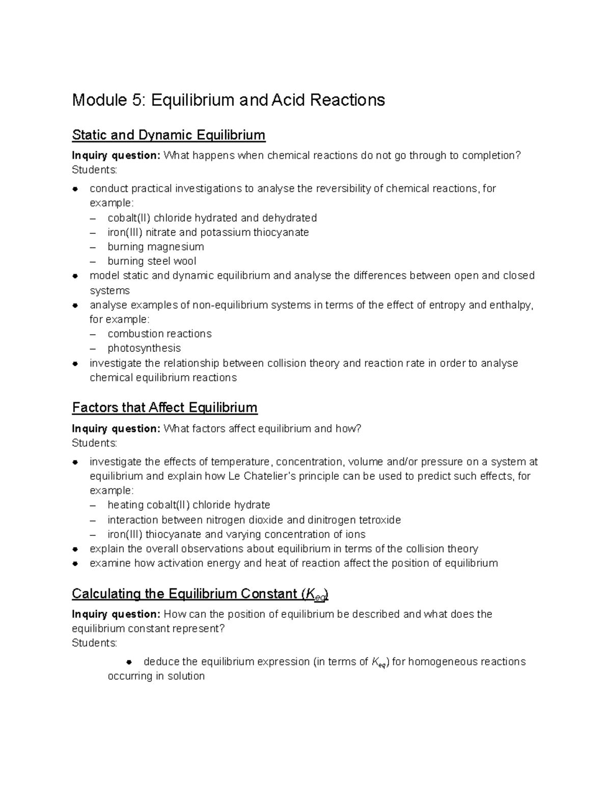 Chemistry Syllabus - Module 5: Equilibrium And Acid Reactions Static ...