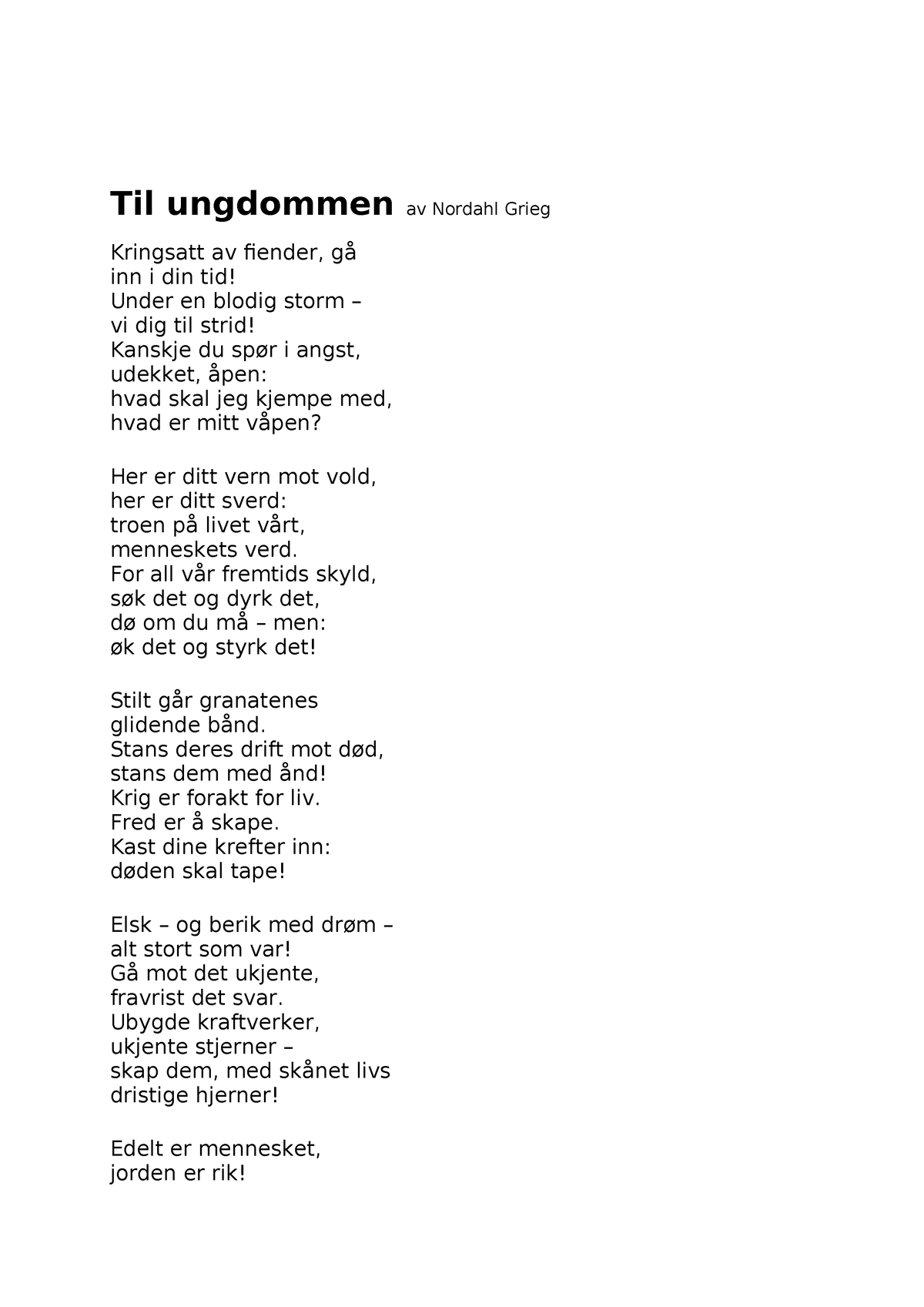 Til Ungdommen Av Nordahl Grieg - Til Ungdommen Av Nordahl Grieg ...