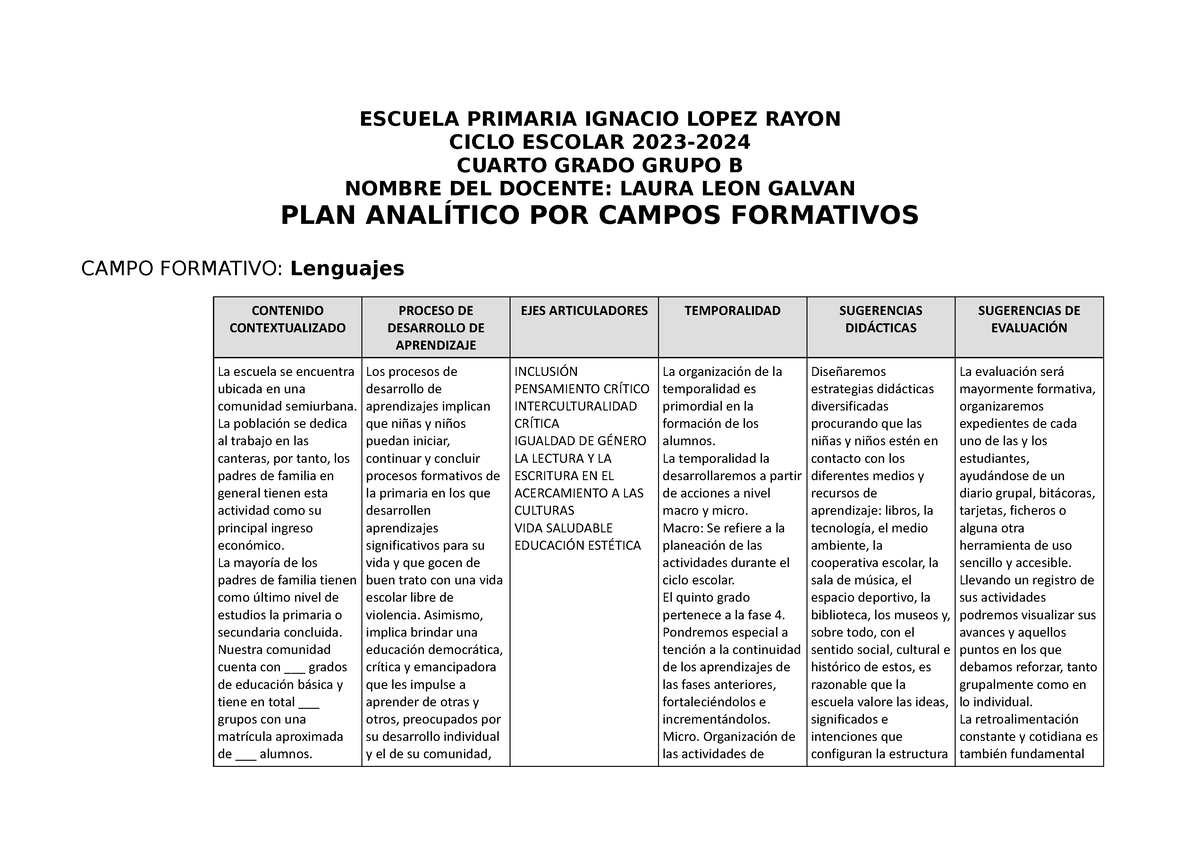 Programa Analítico Cuarto Grado Escuela Primaria Ignacio Lopez Rayon Ciclo Escolar 2023 0355