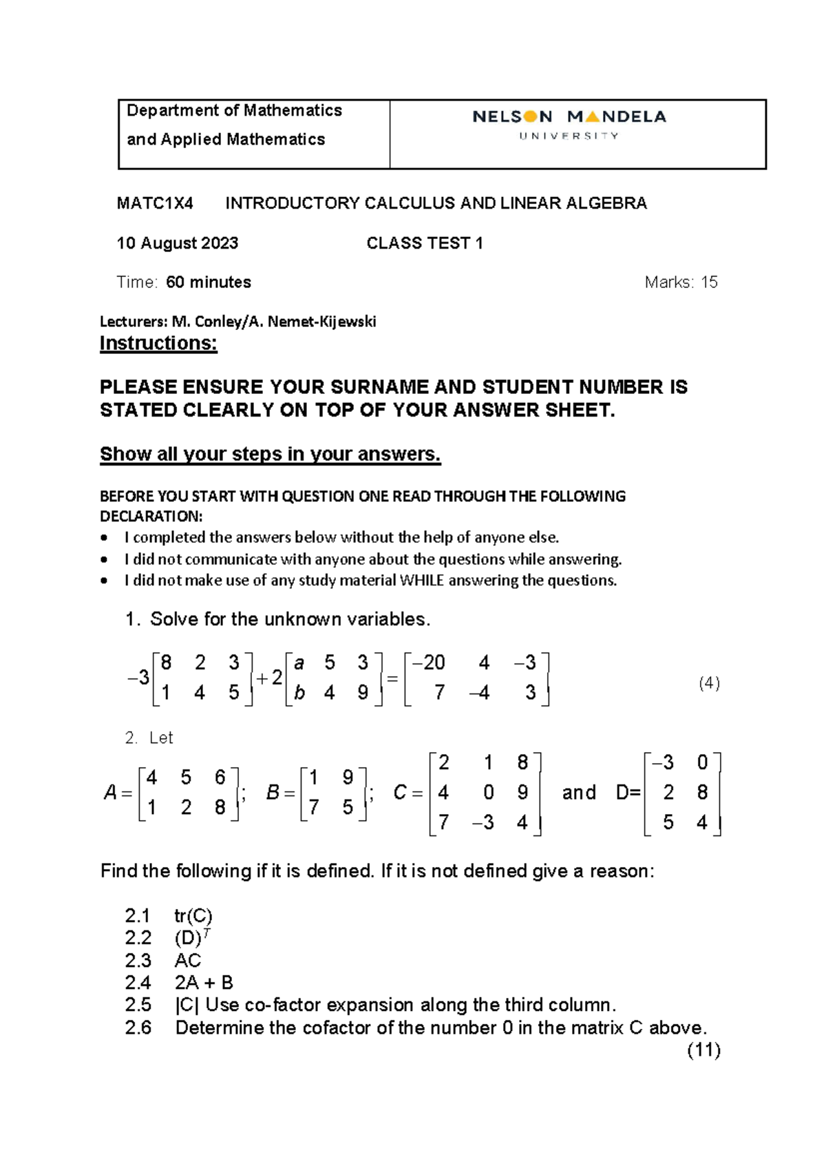 MATC1X4 Class Test 1 10 August 2023 - Department of Mathematics and ...