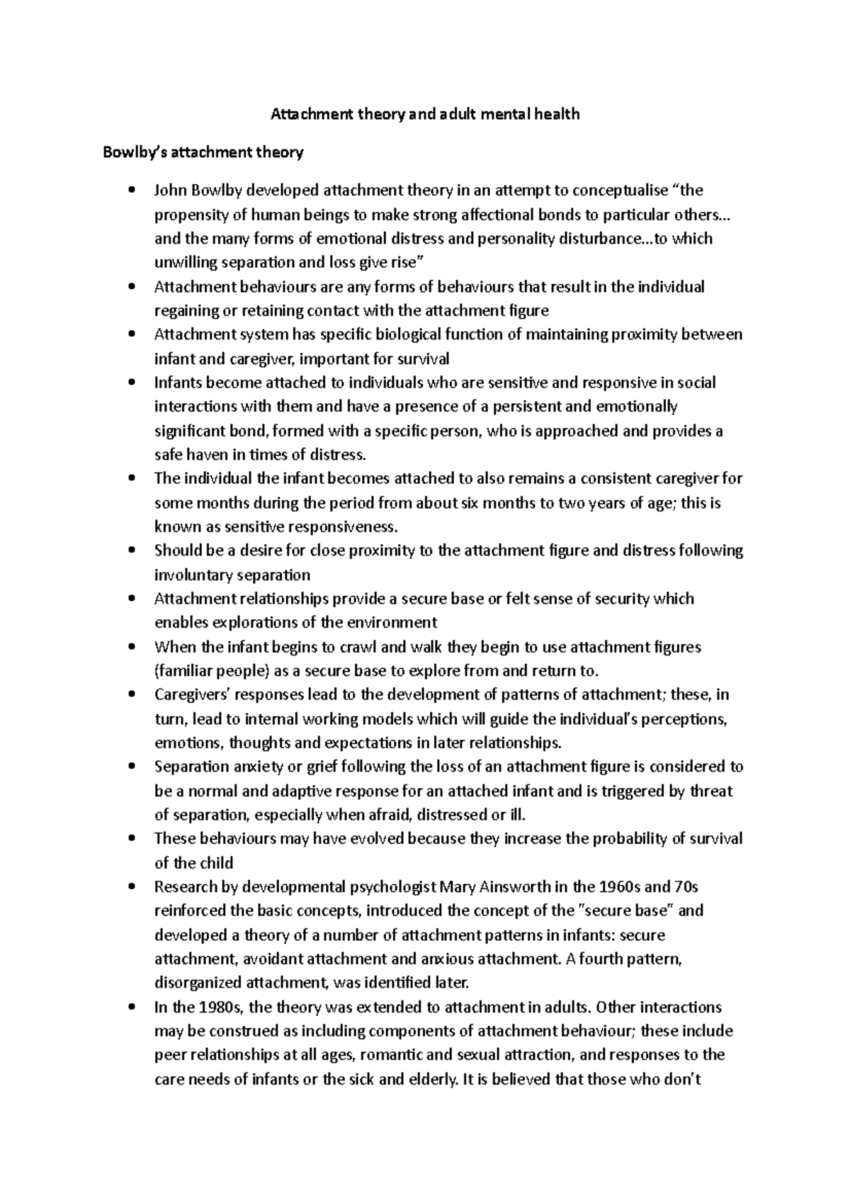 Lecture notes, lectures 1-4 - Attachment theory and adult mental health ...