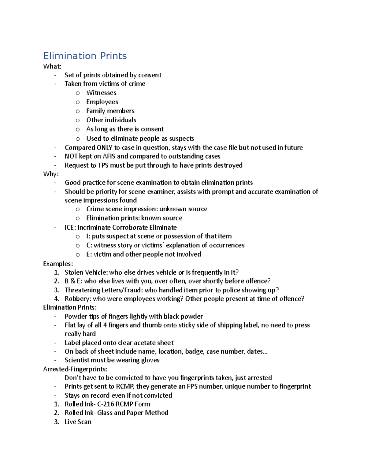 FSC303 Study Notes Elimination Prints What Set of prints obtained