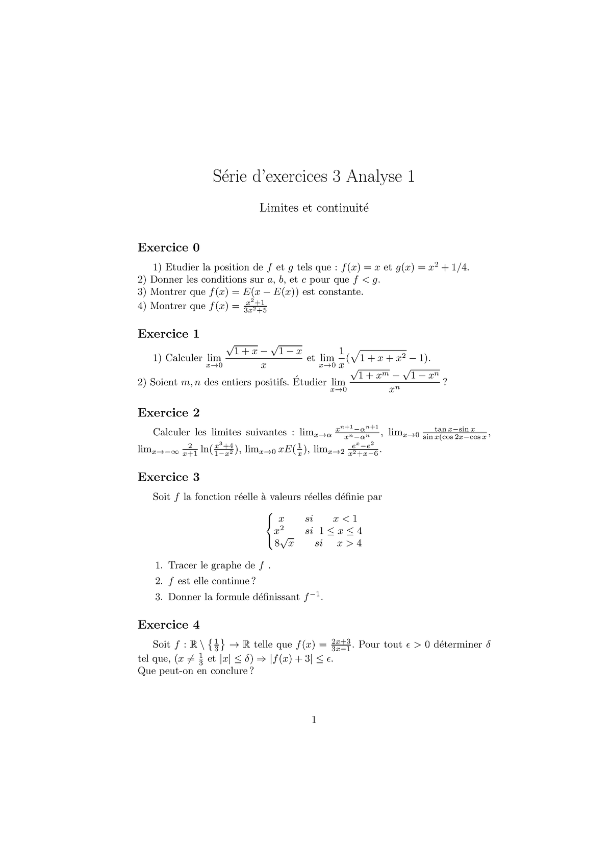 S´erie D’exercices 3 Analyse 1 Limites Et Continuit´e - S ́erie D ...