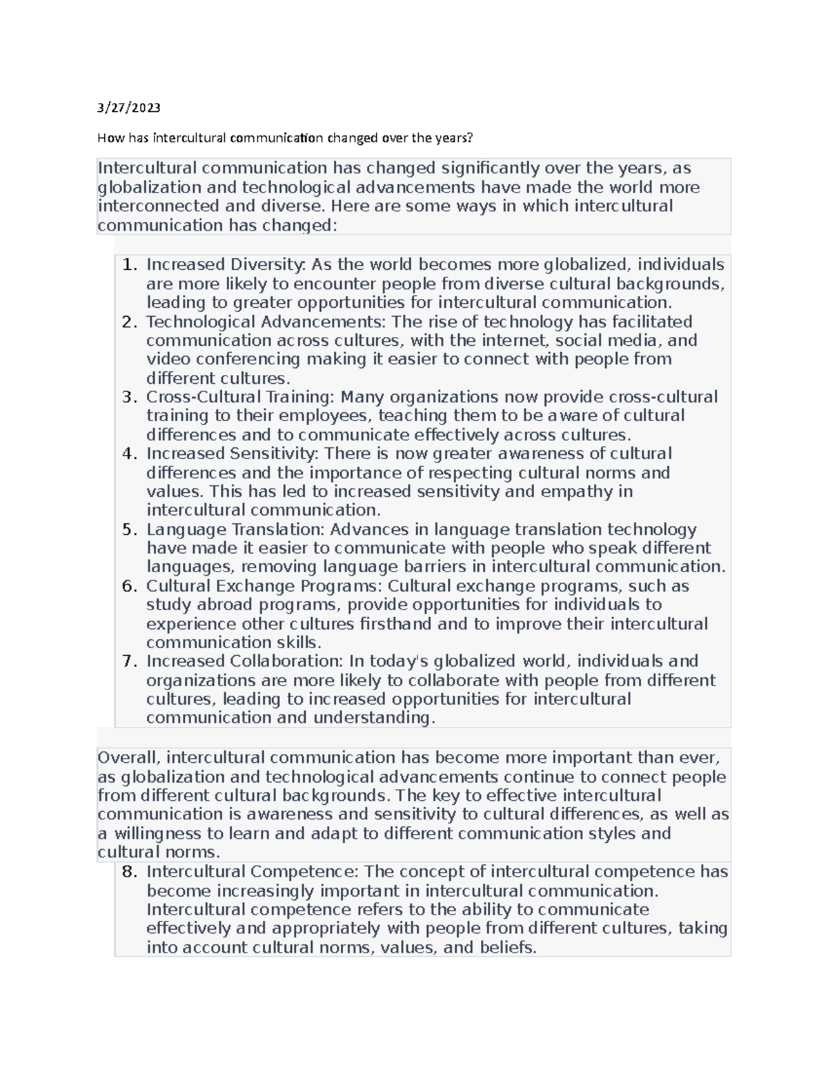 How has intercultural communication changed over the years 3/27/ How