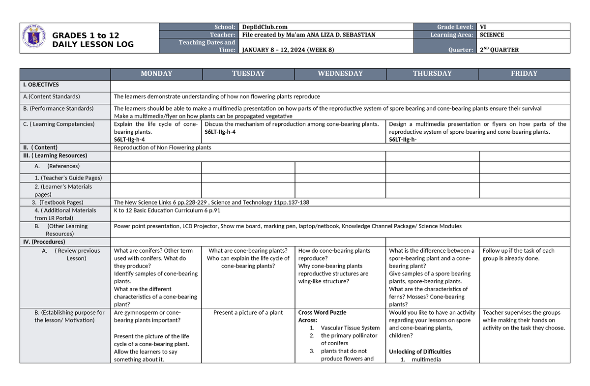 DLL Science 6 Q2 W8 - Downloaded - GRADES 1 To 12 DAILY LESSON LOG ...