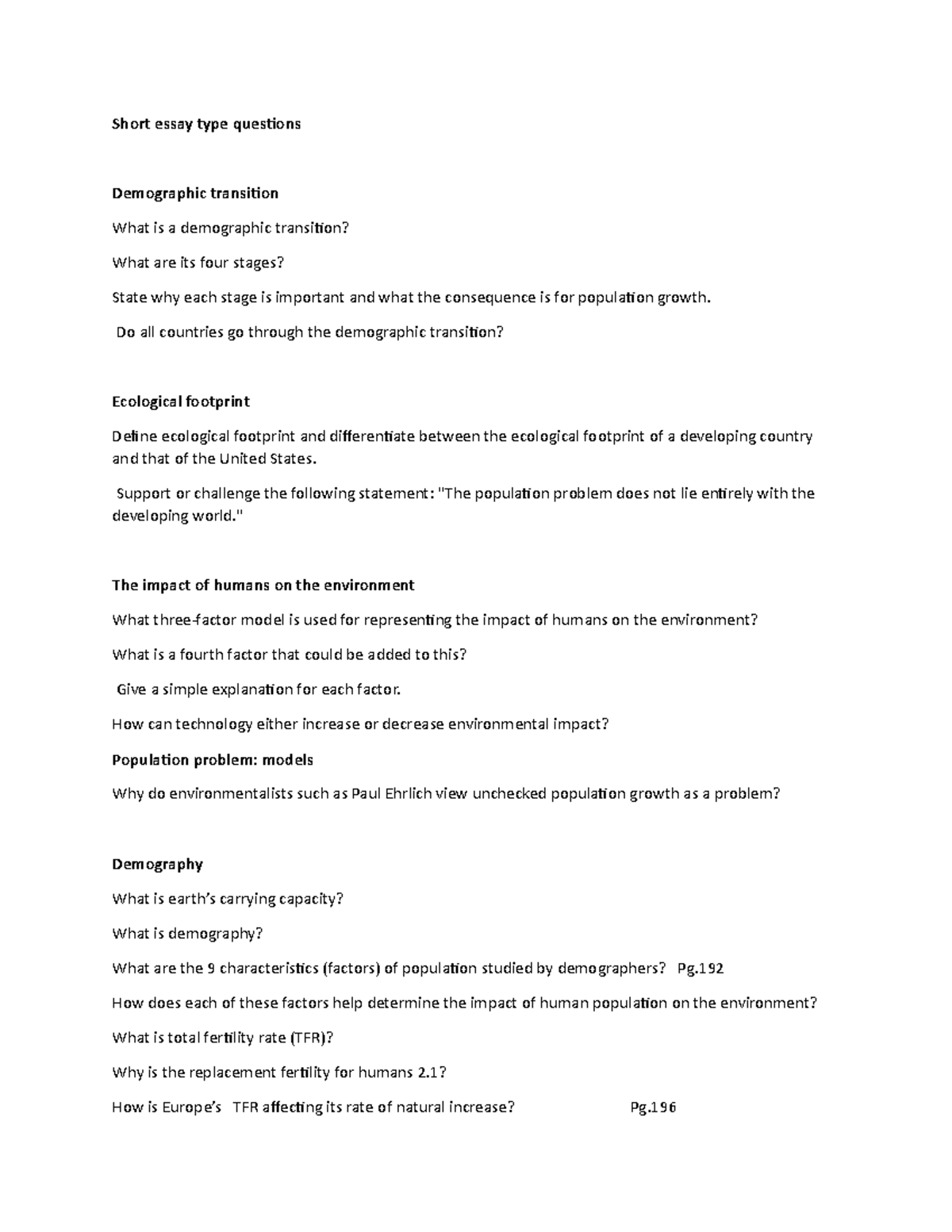 Population Short essay type questions Short essay type questions