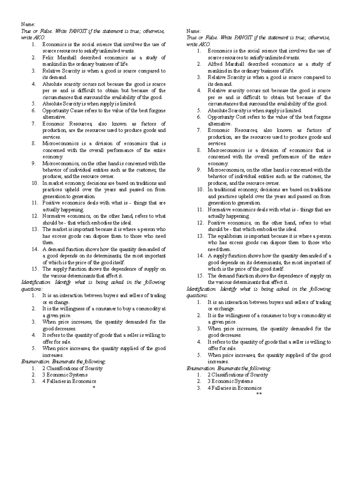 Applied Economics Quiz - Name: True or False. Write PANGIT if the ...