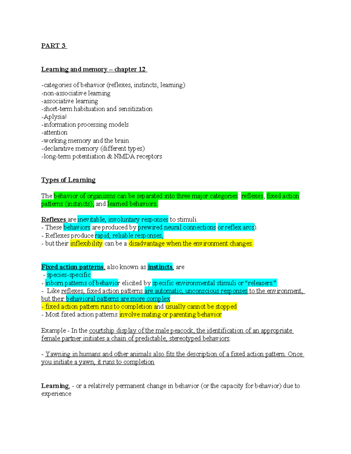 PART 3 - chapter 12 (notes not complete) - PART 3 Learning and memory ...