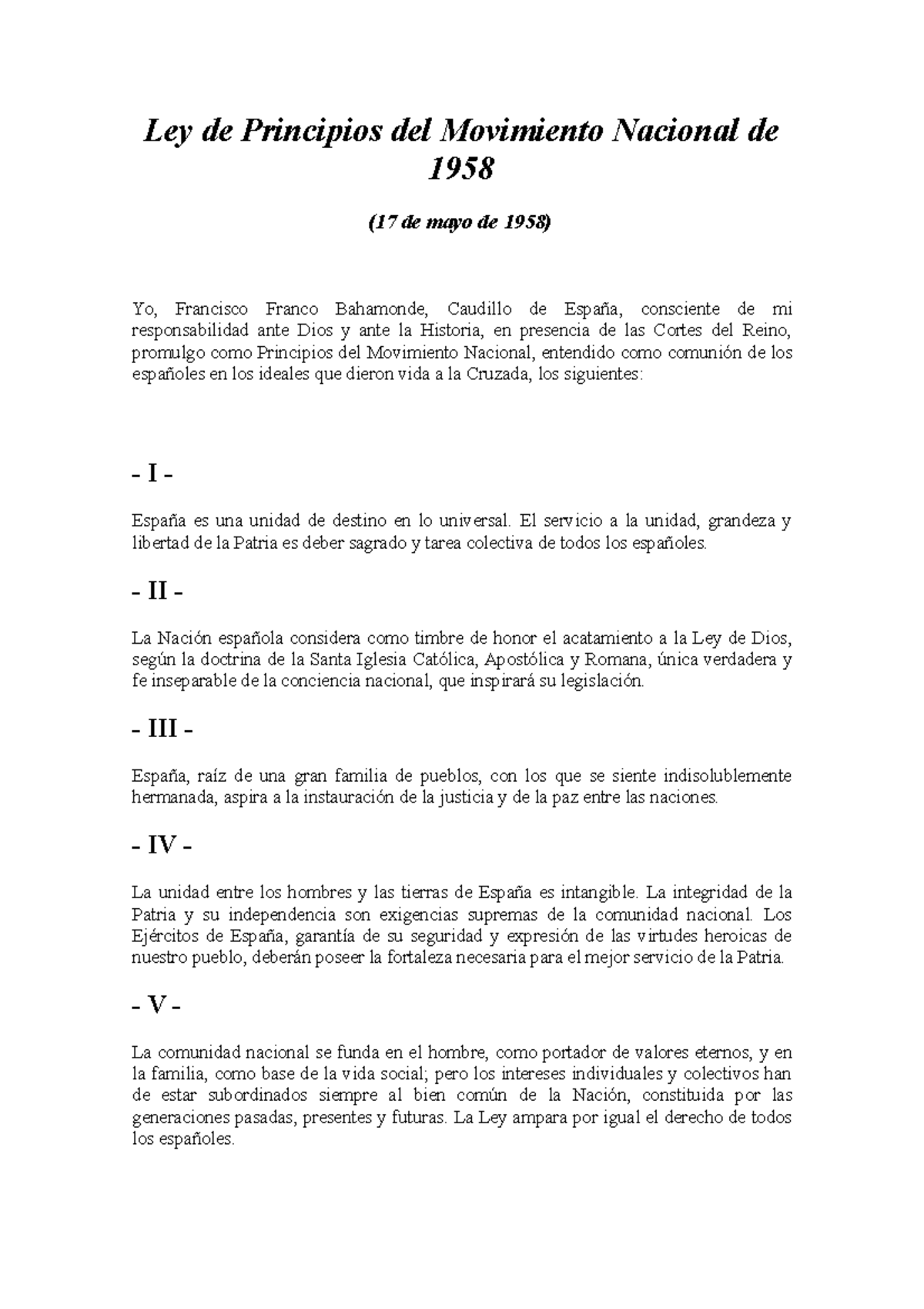Ley de Principios del Movimiento Nacional de 1958 El servicio a la
