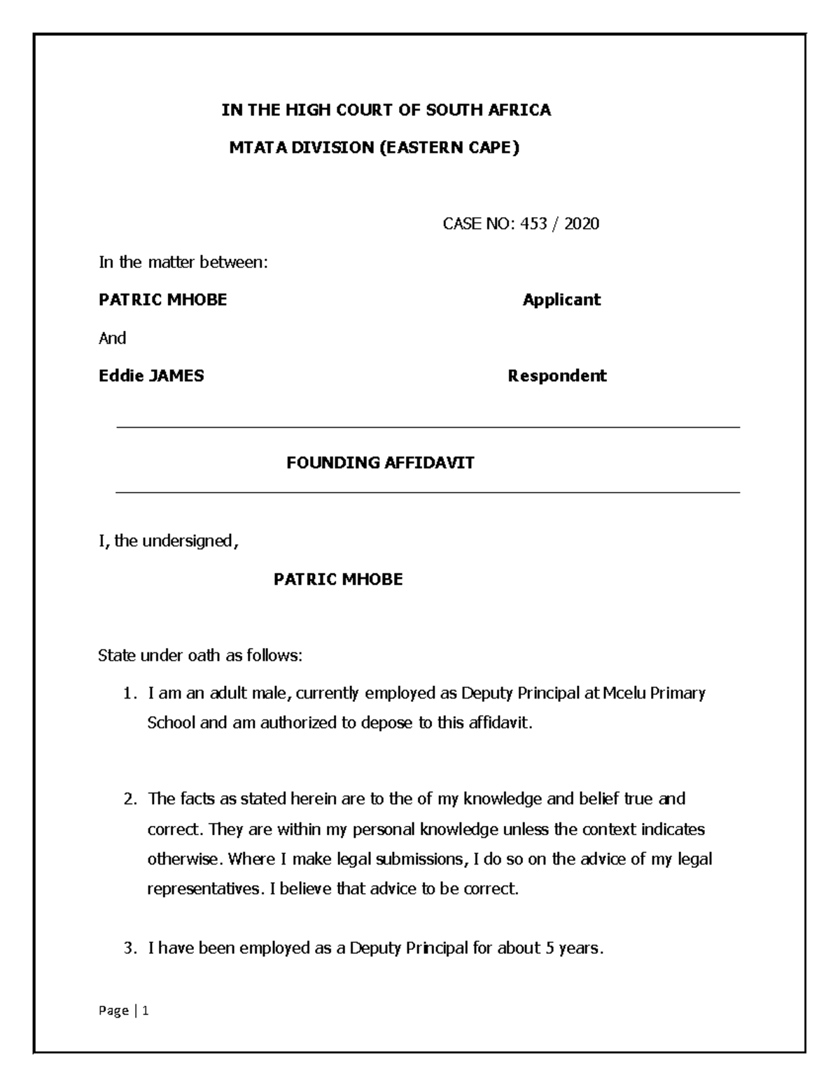 South Africa Affidavit Example Printable Templates 1690