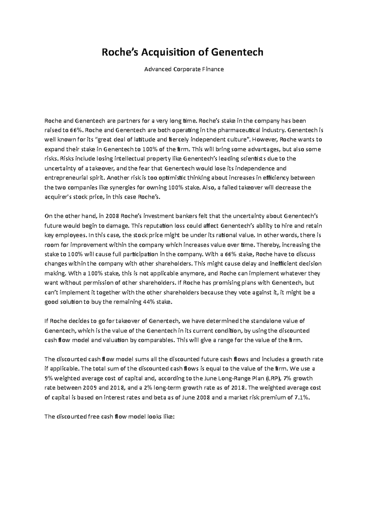 Case 2 ACF (Roche) - Roche’s Acquisition of Genentech Advanced ...