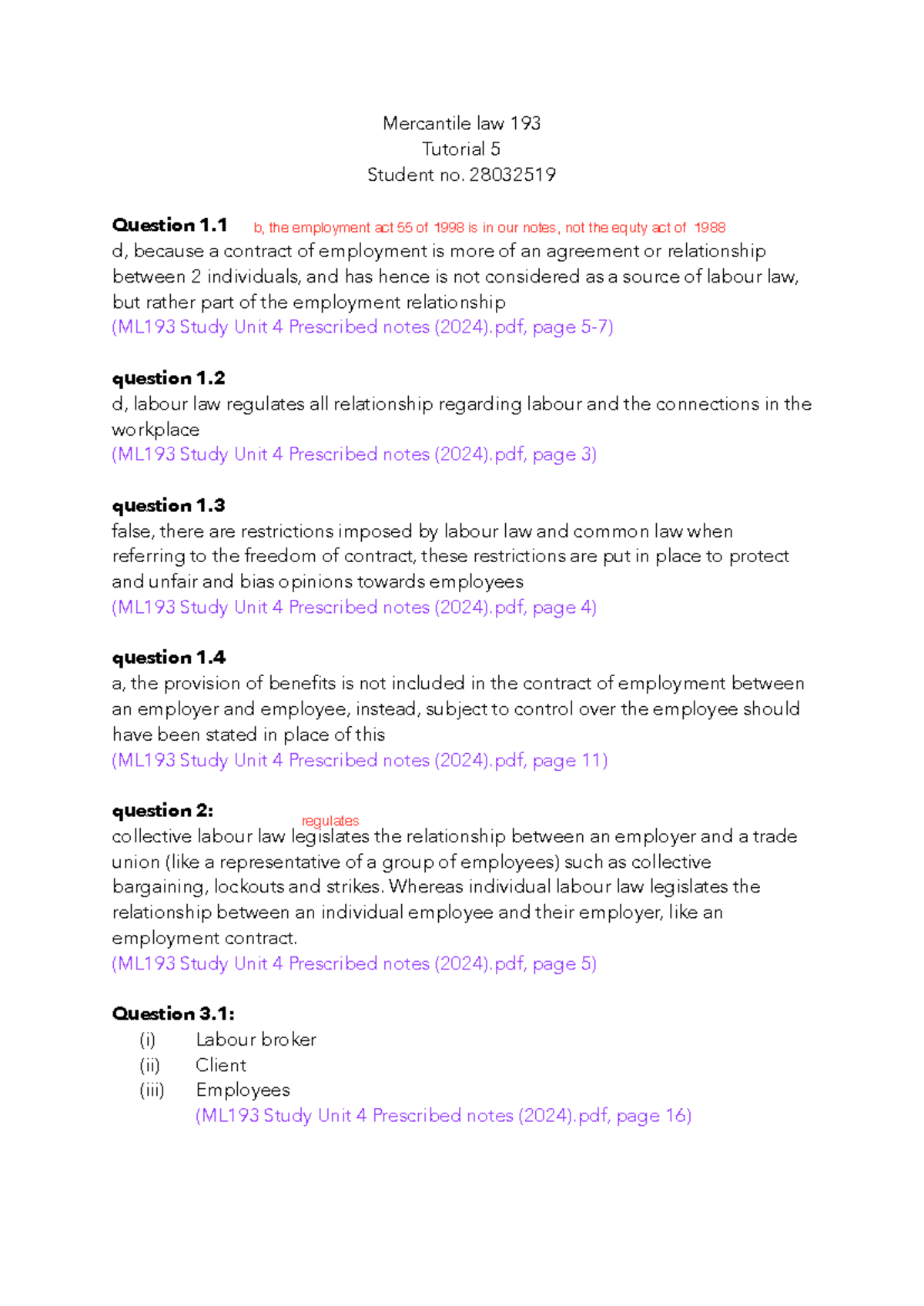 Merc law tut 5 - answers - Mercantile law 193 Tutorial 5 Student no ...