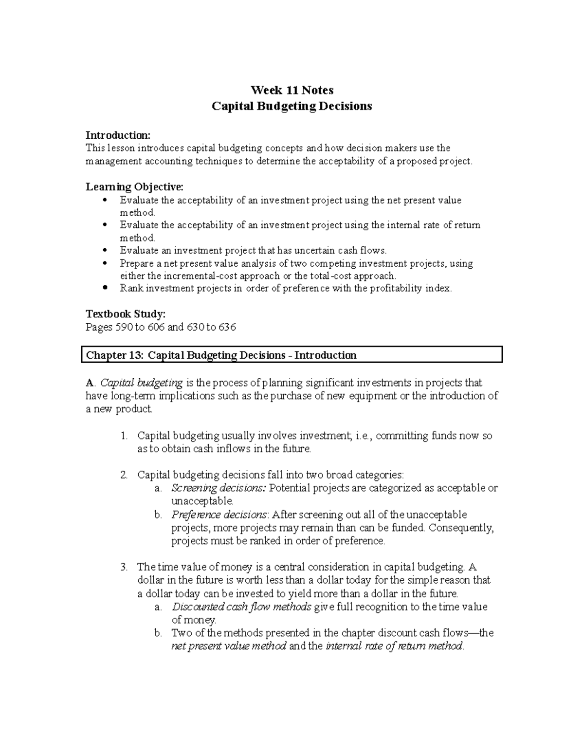 Week 11 Notes - Week 11 Notes Capital Budgeting Decisions Introduction ...