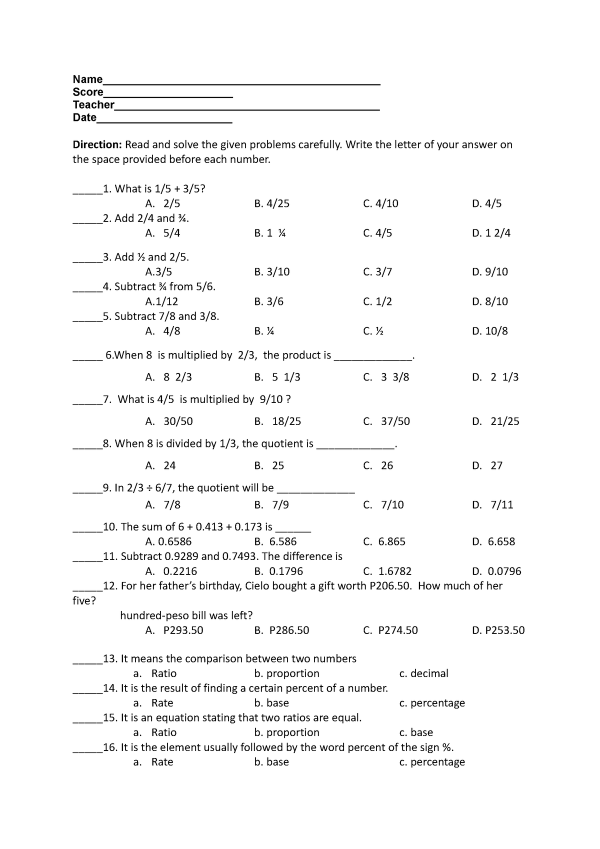 PRE-TEST Mathematics g6 - Name ...