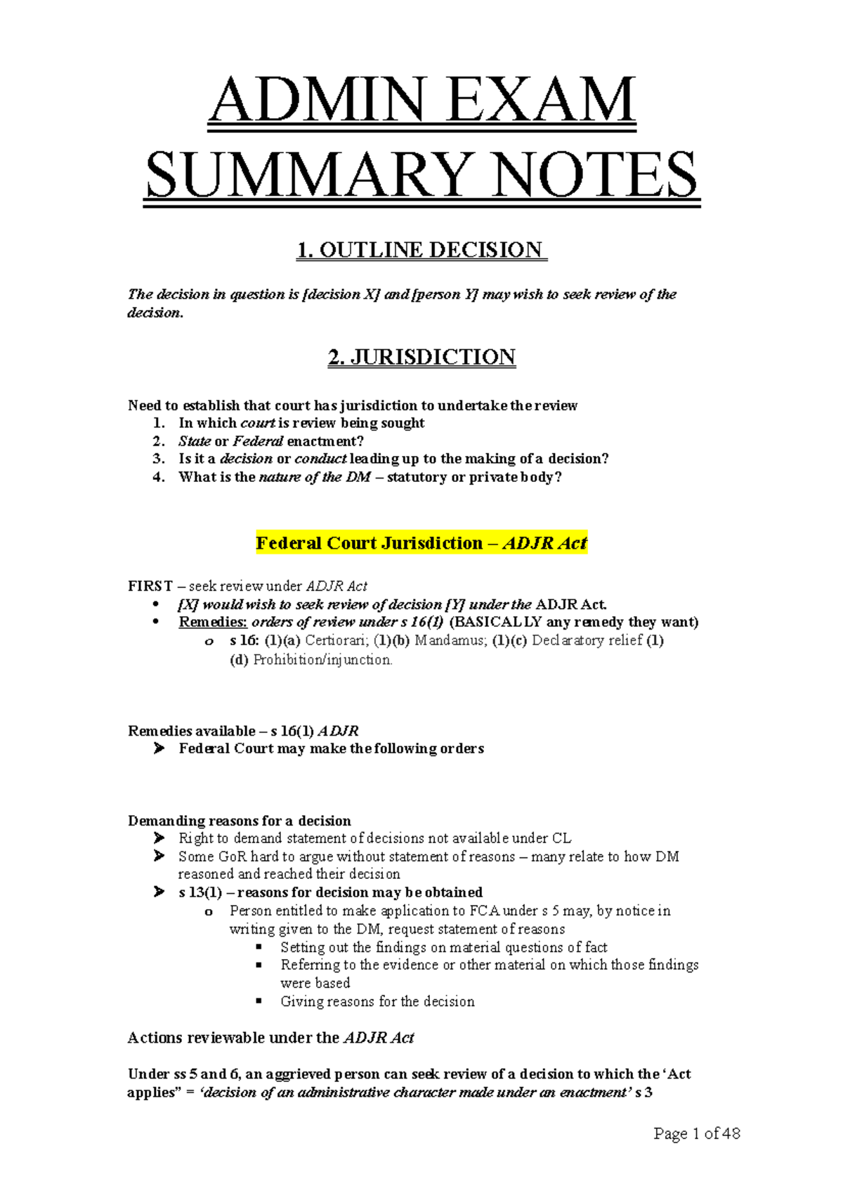 Admin Law Exam Notes - ADMIN EXAM SUMMARY NOTES 1. OUTLINE DECISION The ...