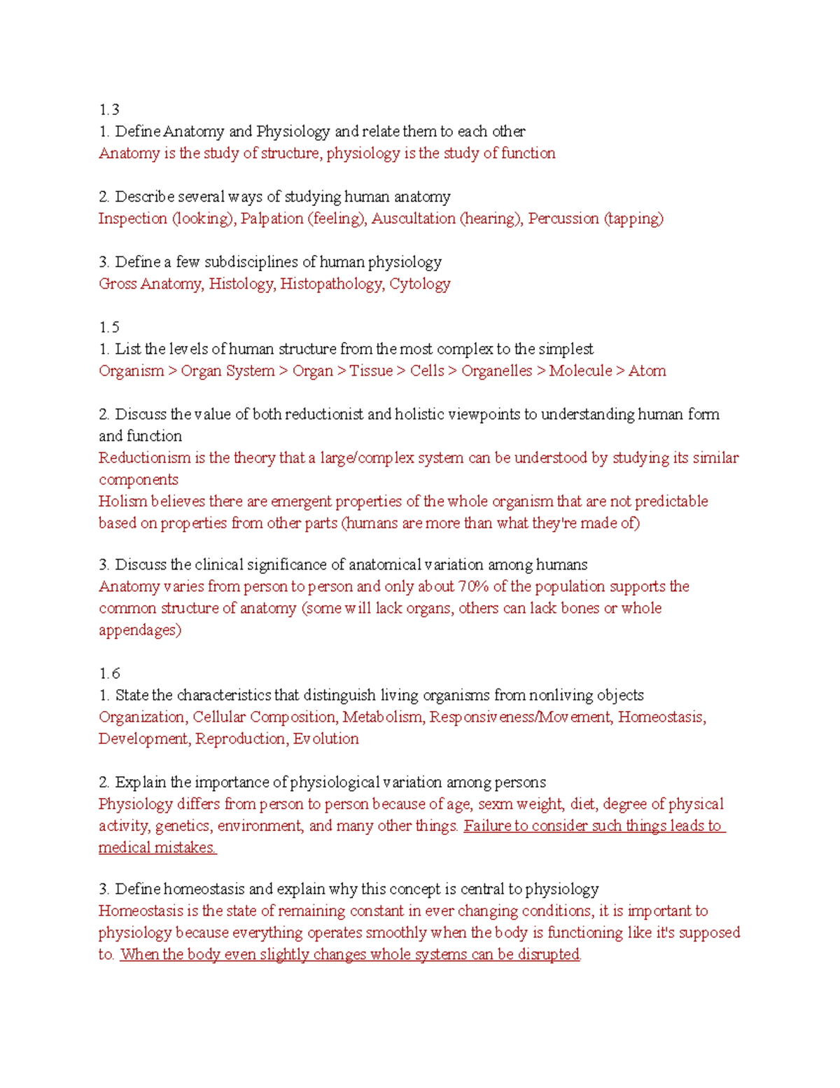 BIO 260 Chapters 1-3 Key Conepts - 1. Define Anatomy and Physiology and ...
