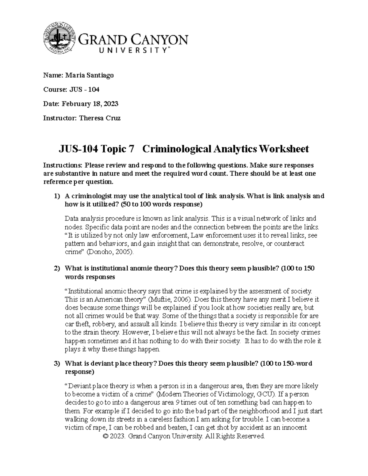 JUS-104 Topic 7 Criminological Analytics Worksheet - Name: Maria ...