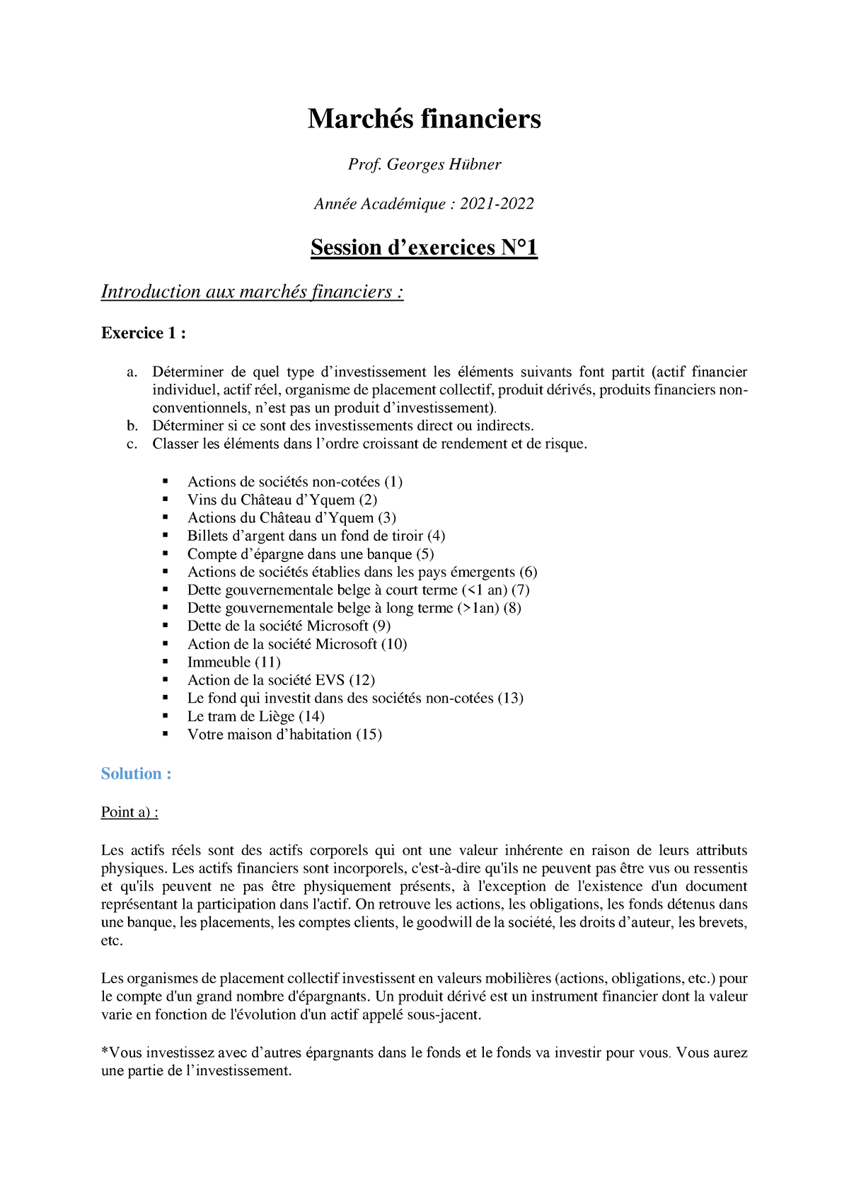 TP1 correction - Marchés financiers Prof. Georges Hü bner Année ...