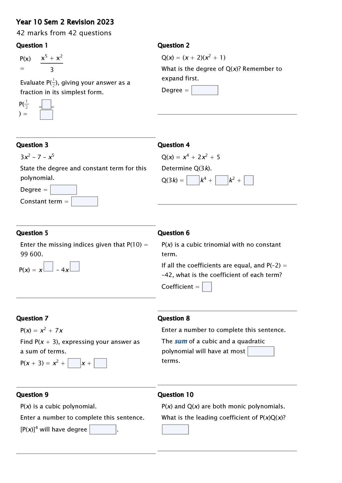 Year 10 Polynomial Revision - Year 10 Sem 2 Revision 2023 42 marks from ...