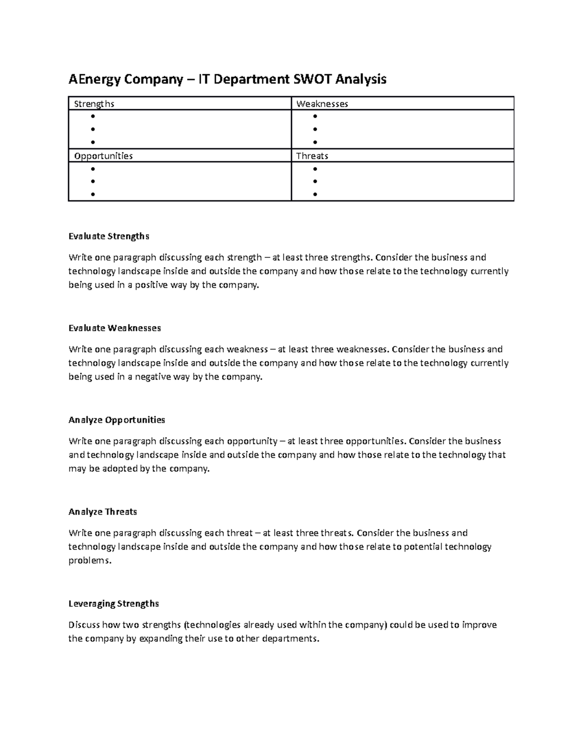 Task 1 Template - AEnergy Company – IT Department SWOT Analysis ...