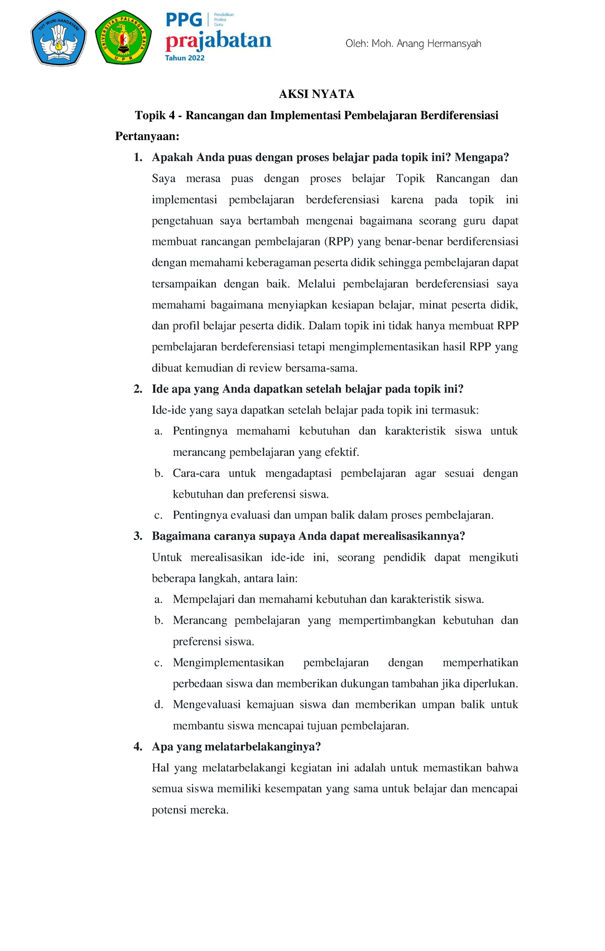 Aksi Nyata - Topik 4 Rancangan Dan Implementasi Pembelajaran ...