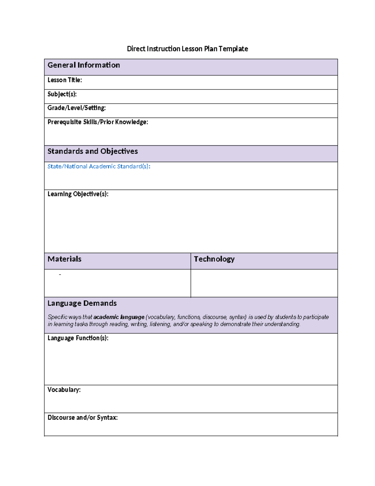 direct instruction lesson plan template - Direct Instruction Lesson ...