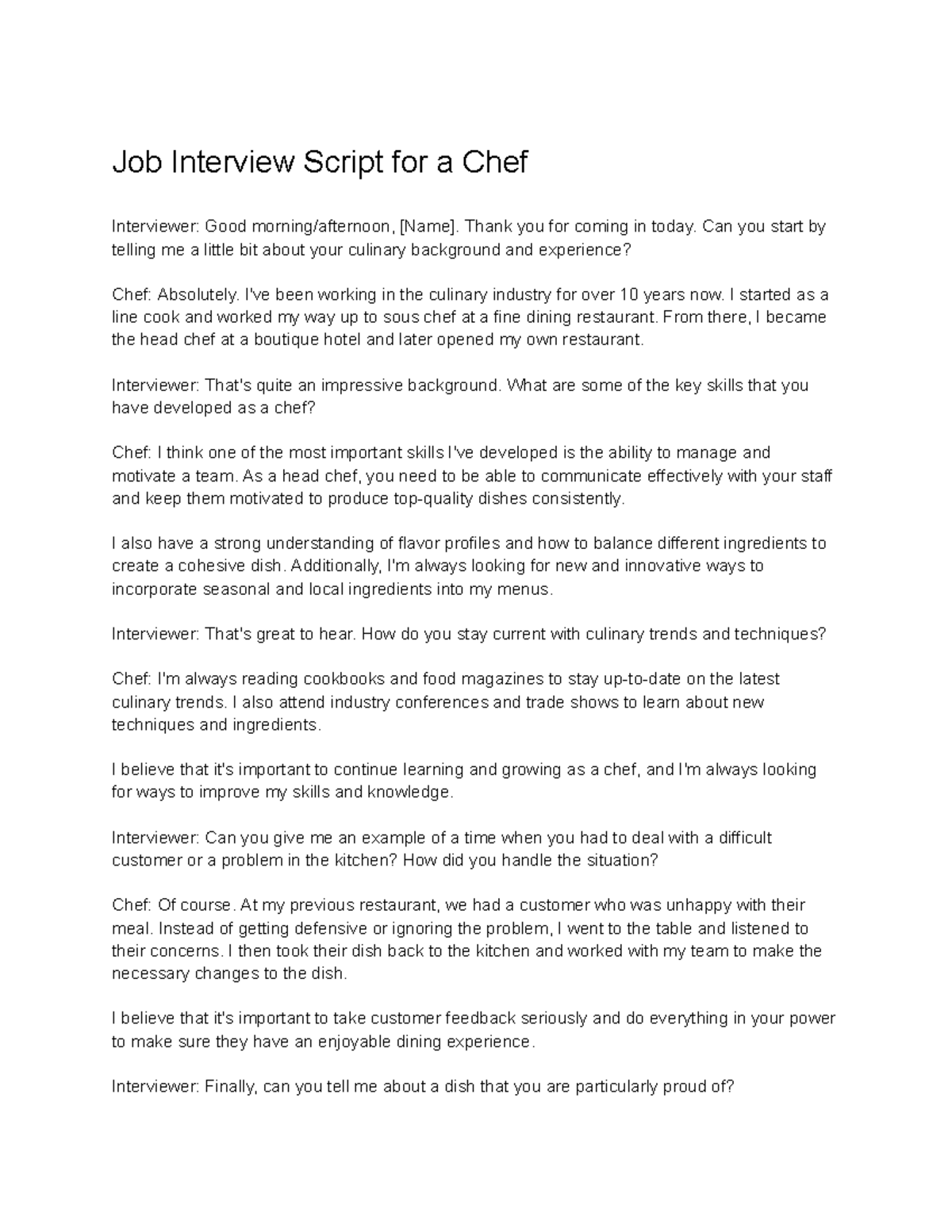 Job Interview Script Chef Job Interview Script For A Chef Interviewer Good Morningafternoon 4420