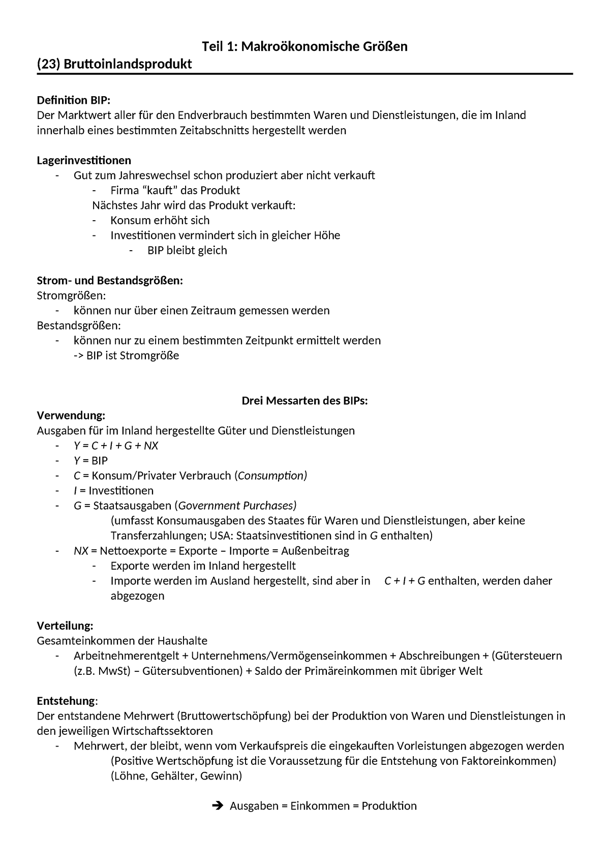 Finale Markrozusammenfassung - Teil 1: Makroökonomische Größen (23 ...