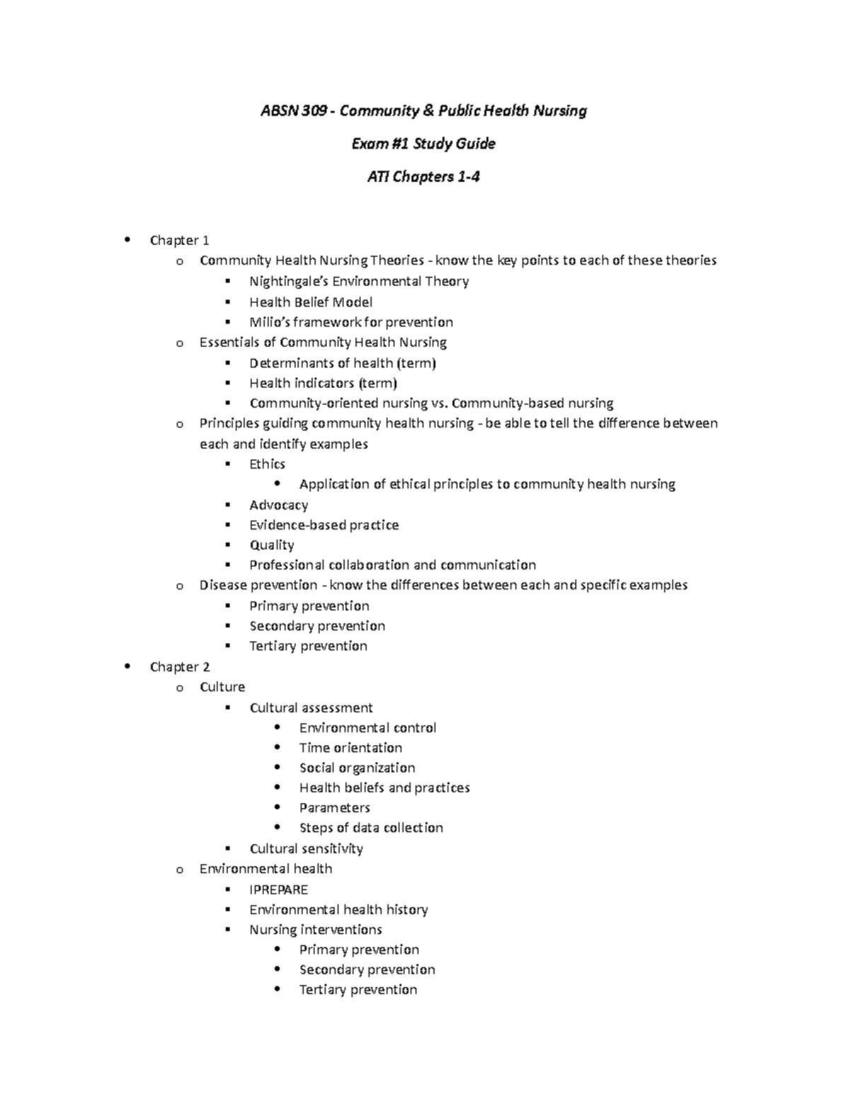 Exam #1 Study Guide - ABSN 309 - Community & Public Health Nursing Exam ...