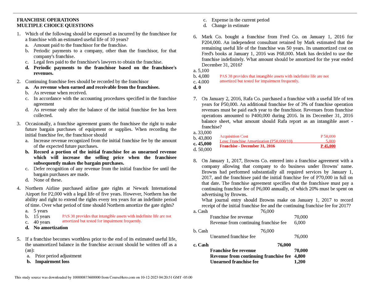 Franchise Operations - FRANCHISE OPERATIONS MULTIPLE CHOICE QUESTIONS 1 ...