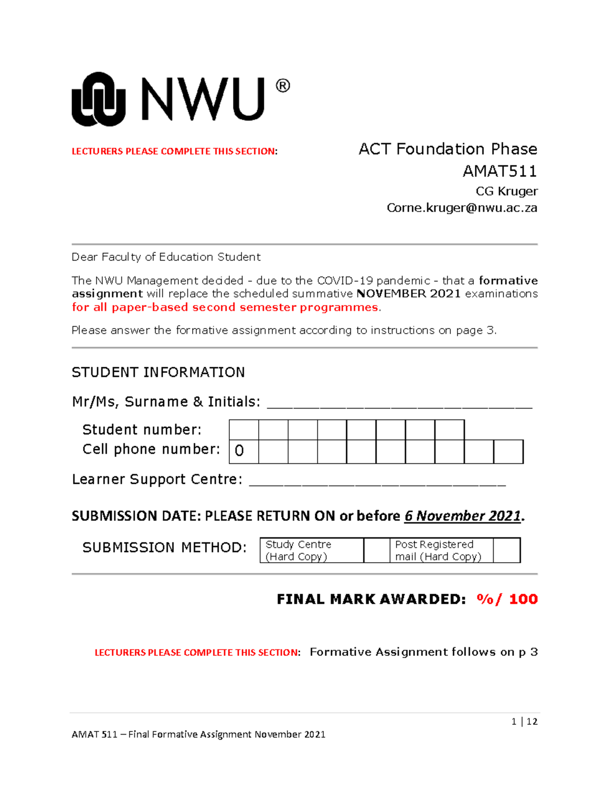 AMAT511 Final formative assignment Nov 21 - 1 | 12 LECTURERS PLEASE ...
