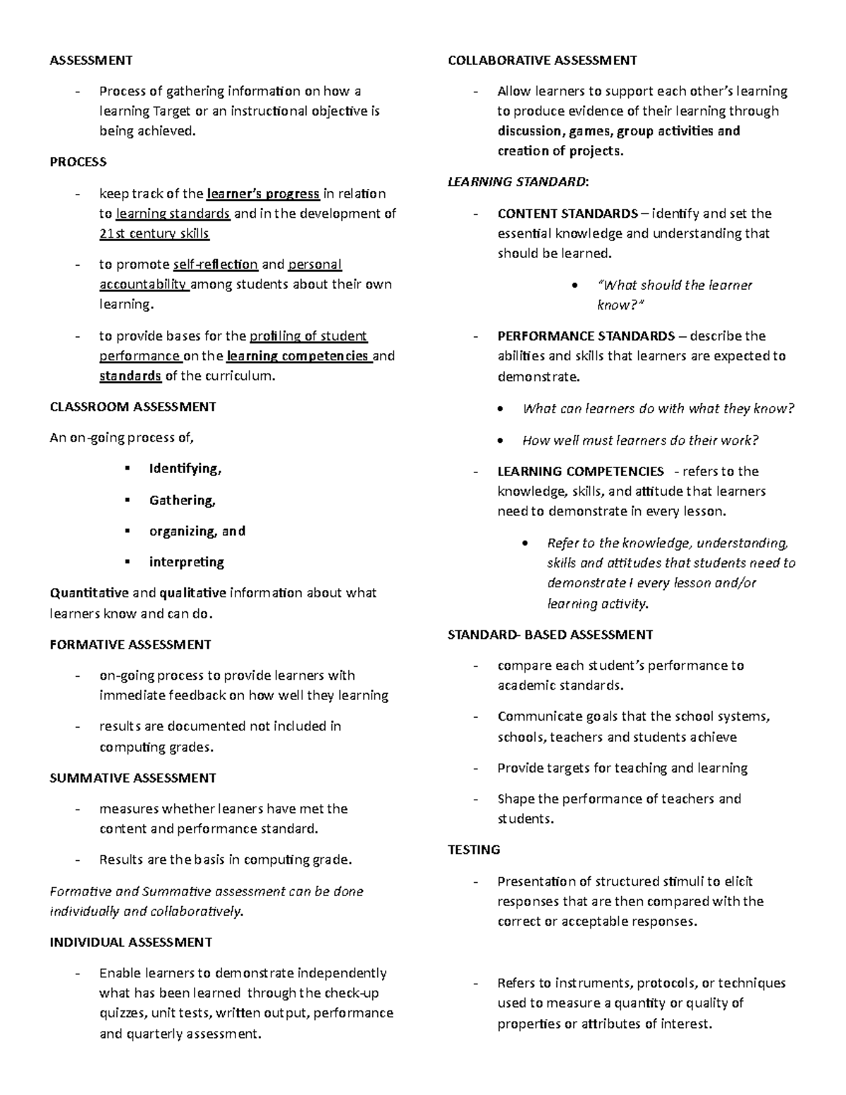 Assessment- Reviewer - ASSESSMENT Process of gathering information on ...