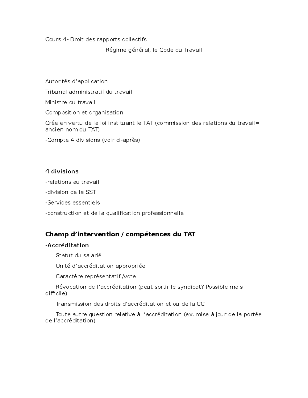 Cours 4 de droit - Cours 4- Droit des rapports collectifs Régime ...