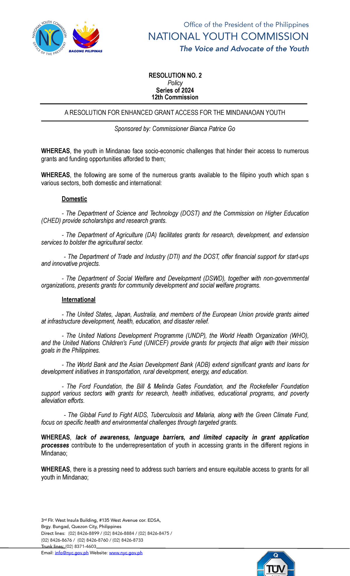 A Resolution for Enhanced Grant Access for the Mindanaoan Youth ...