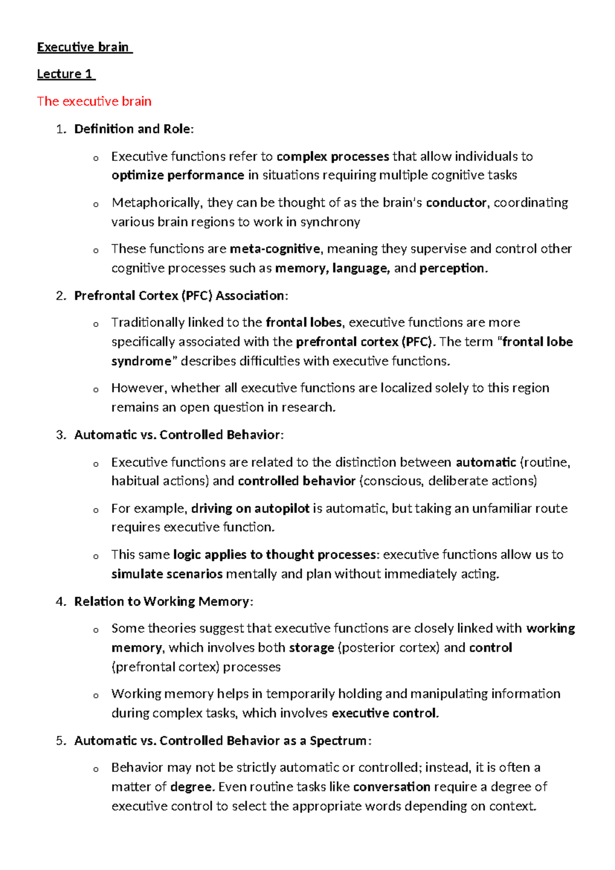 PSY2014 S Executive Brain notes - Executive brain Lecture 1 The ...