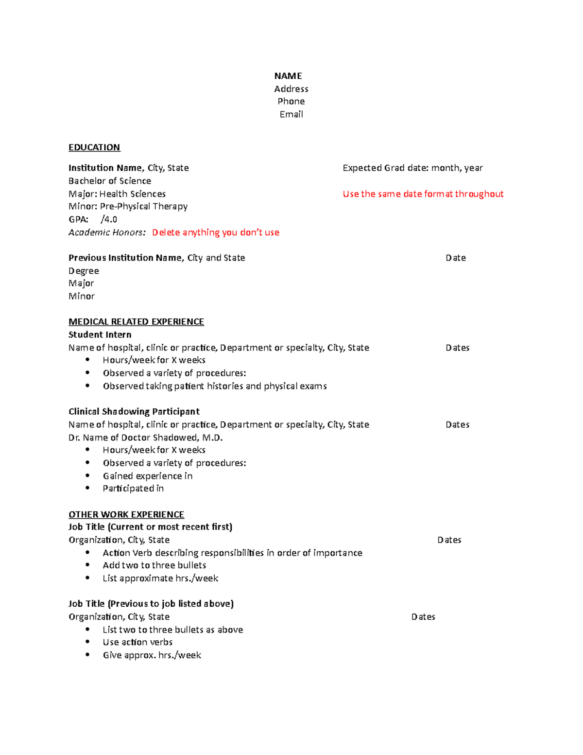 Template for Resume - NAME Address Phone Email EDUCATION Institution ...