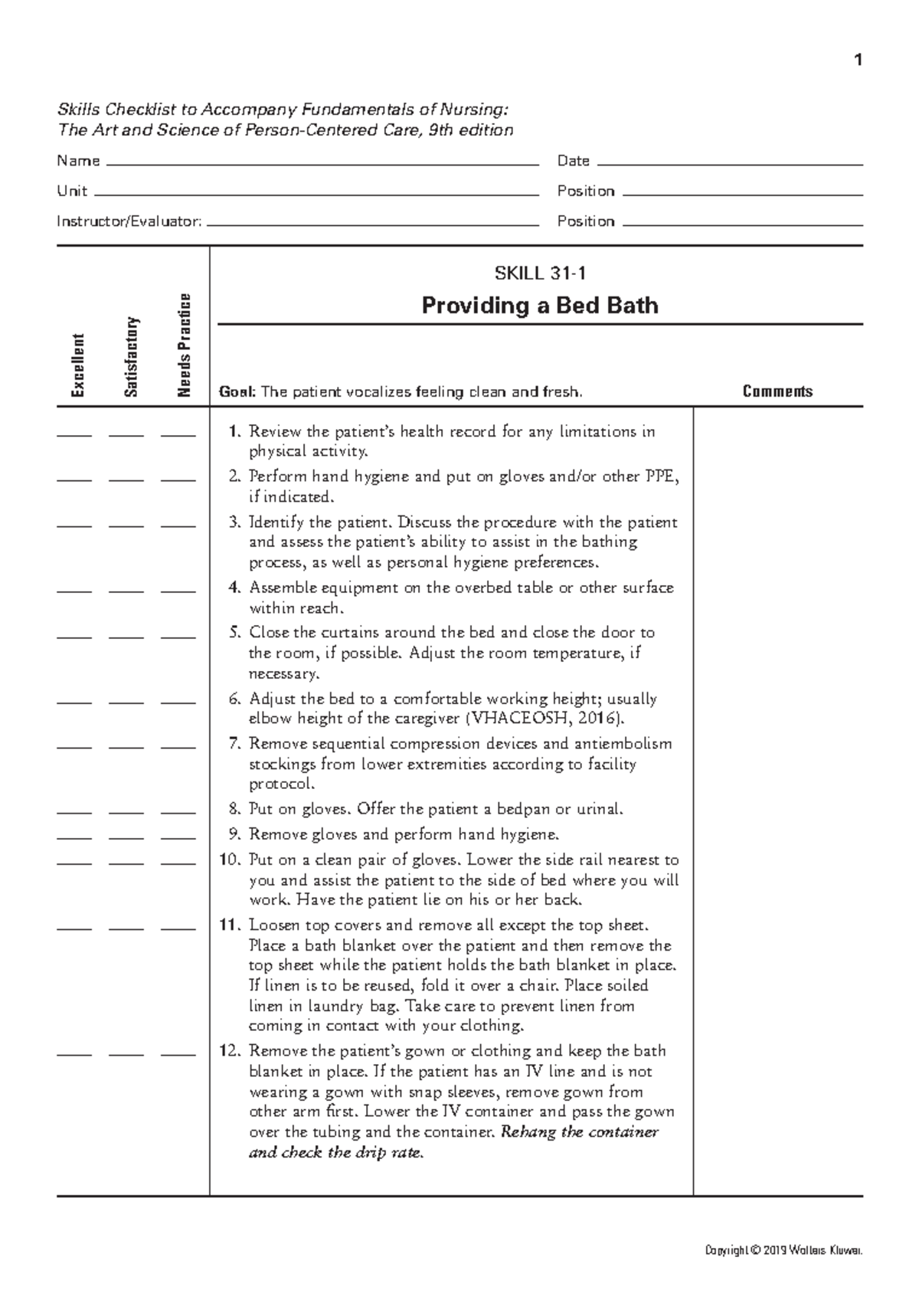 Bed Bath Skill Checklist 1 Skills Checklist to Fundamentals