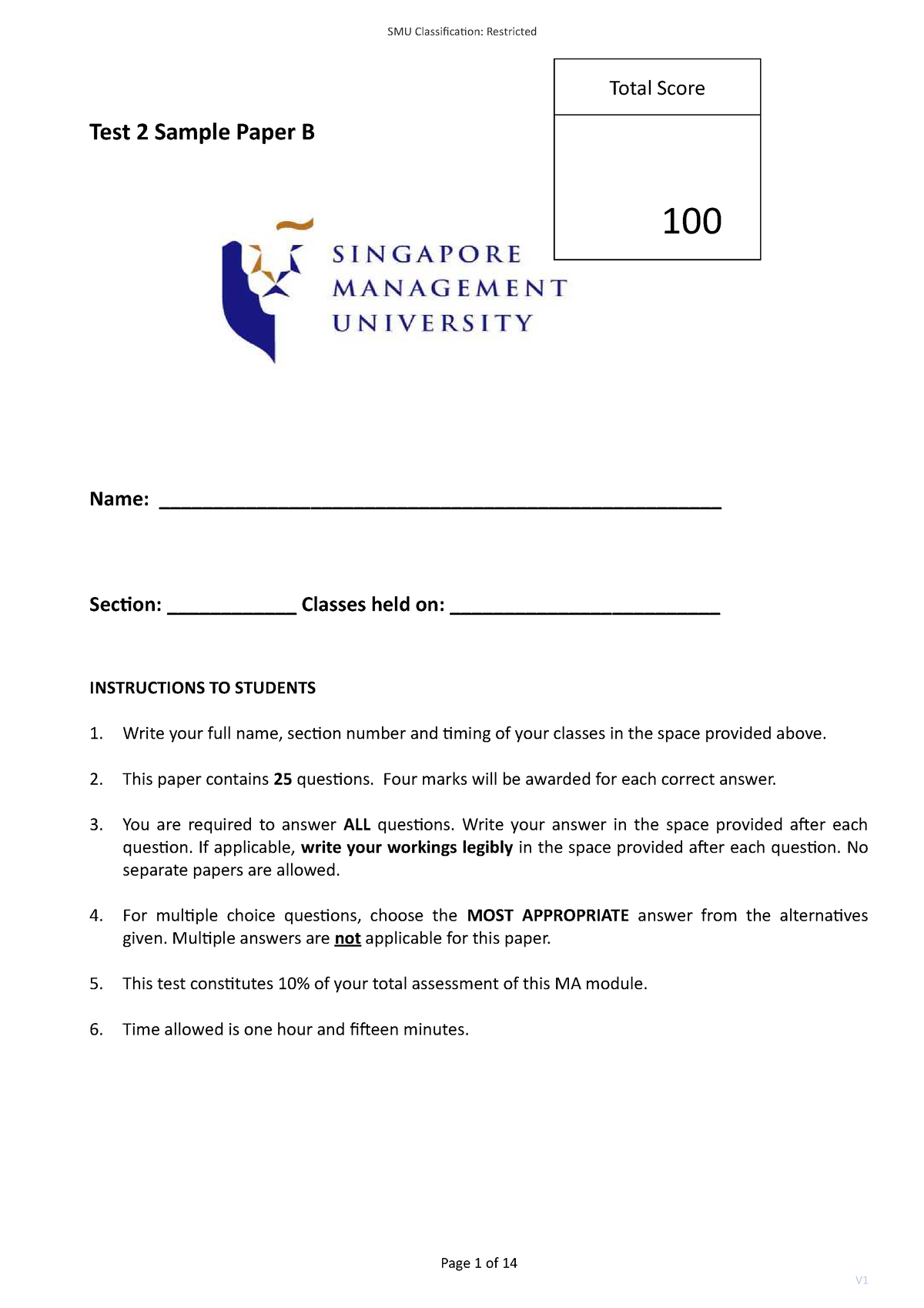 2B Test 2 Sample Paper B Jan 2022 - Total Score Test 2 Sample Paper B ...