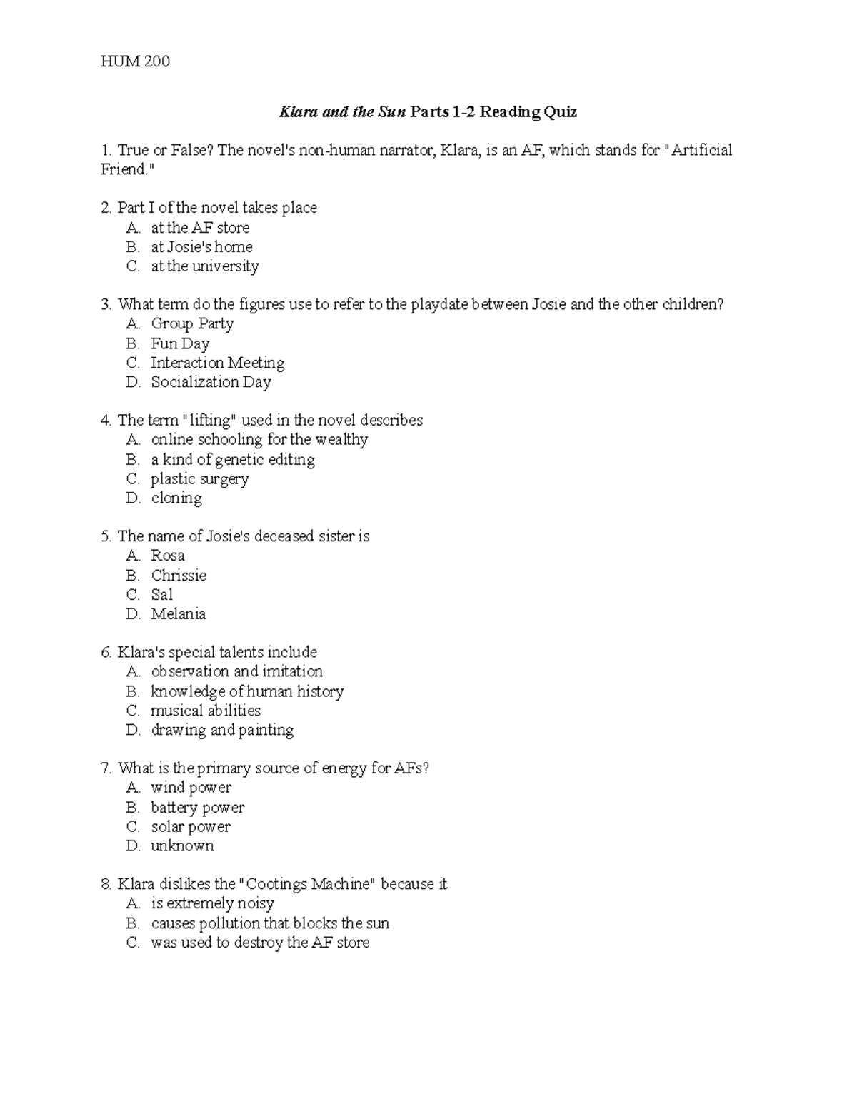 Klara and the Sun Quiz Parts 12 HUM 200 Klara and the Sun Parts 12