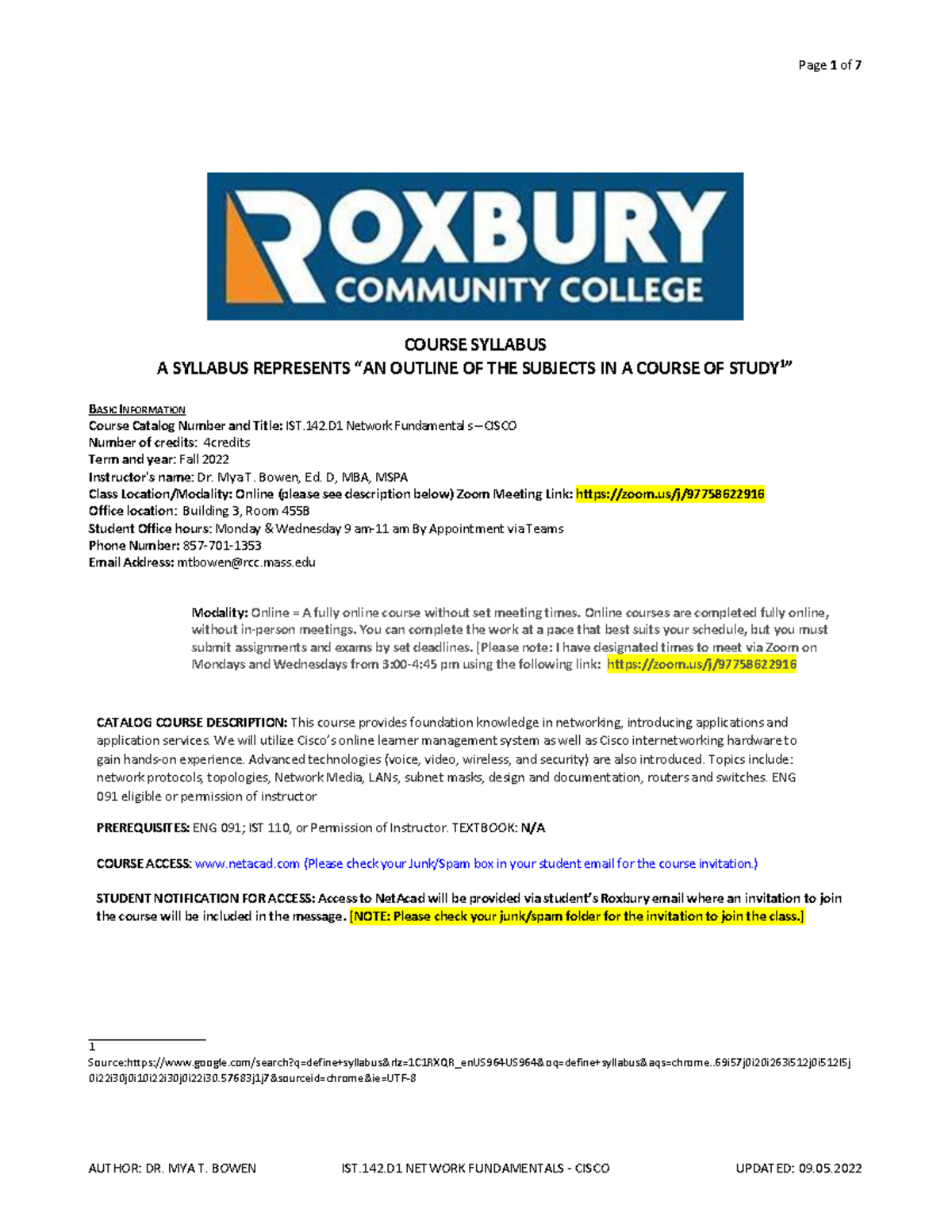 Syllabus 2022 Fall RCC IST.142.D1 Network Fundamentals CI COURSE