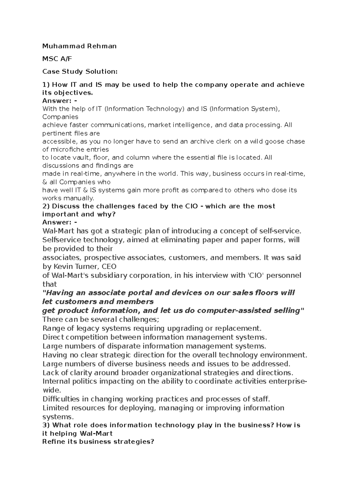 Management Information System - Muhammad Rehman MSC A/F Case Study ...