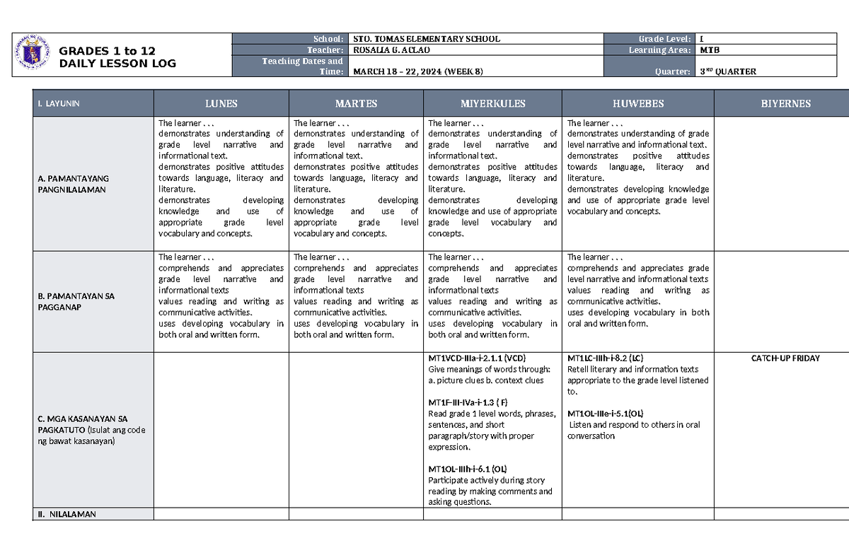 DLL MTB 1 Q3 W8 - .... - GRADES 1 to 12 DAILY LESSON LOG School: STO ...