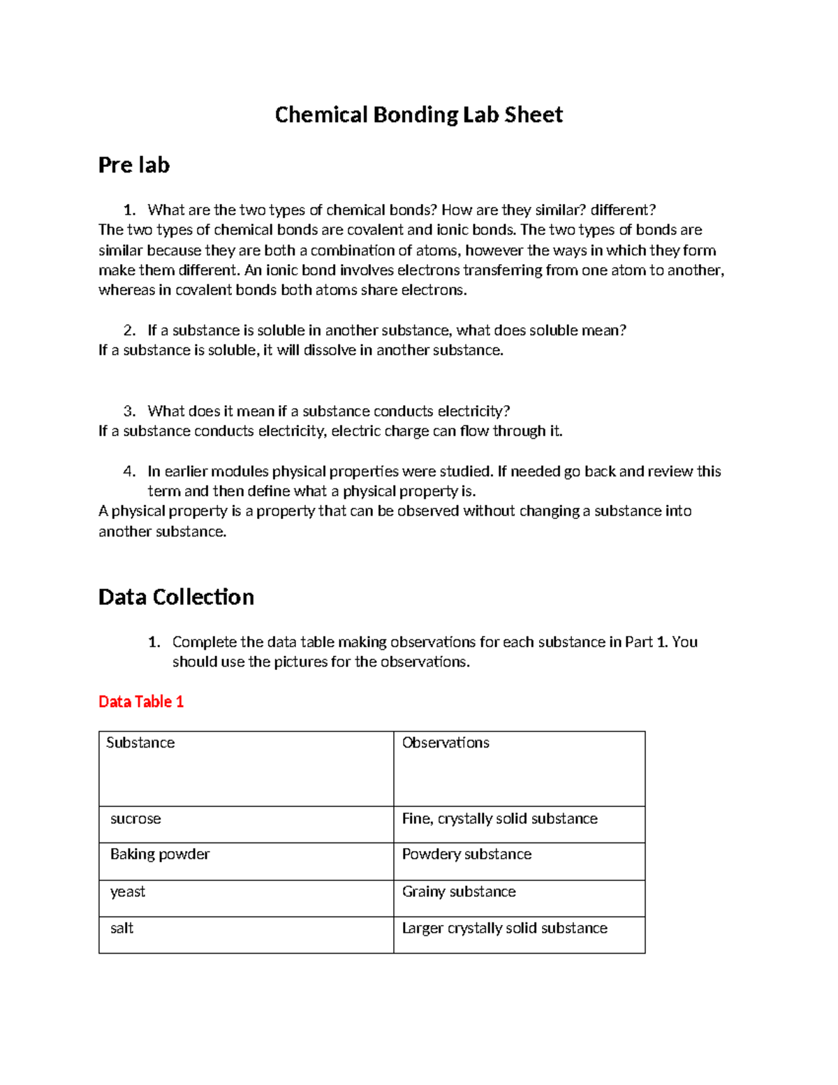 Chemical Bonding Lab What are the two types of chemical bonds? How