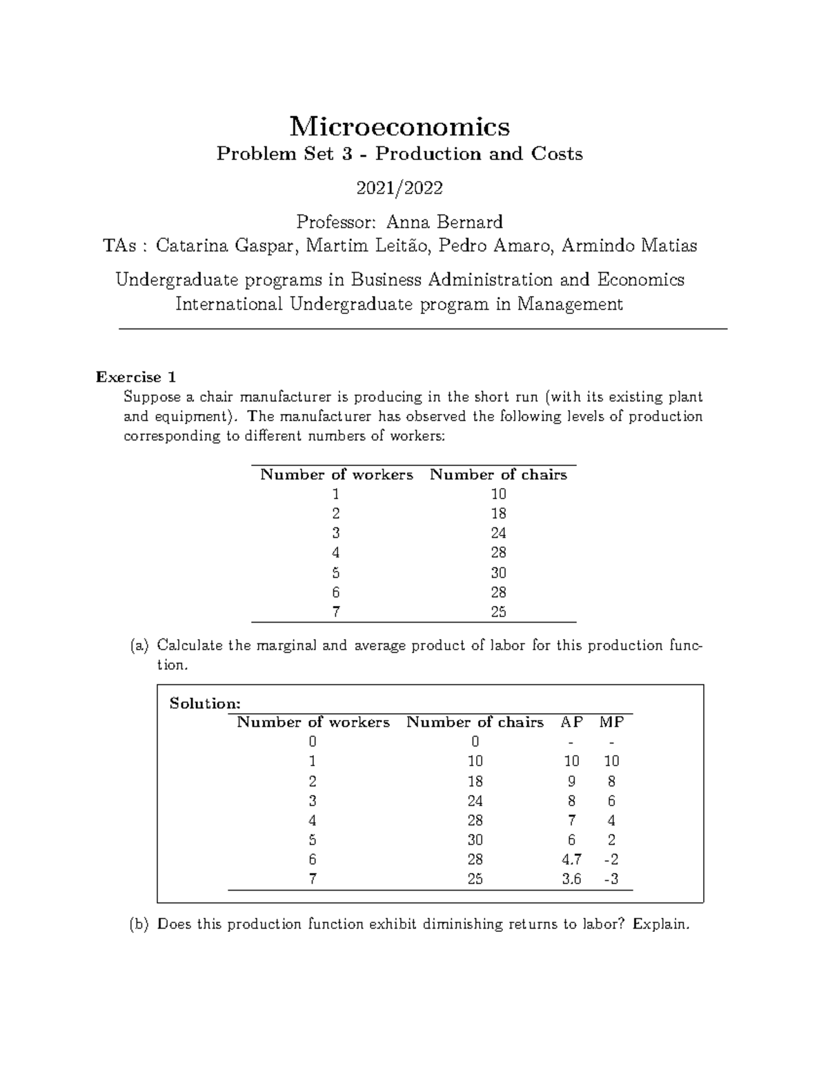 Problem Set 3 - Production and Costs - Solutions - Microeconomics ...