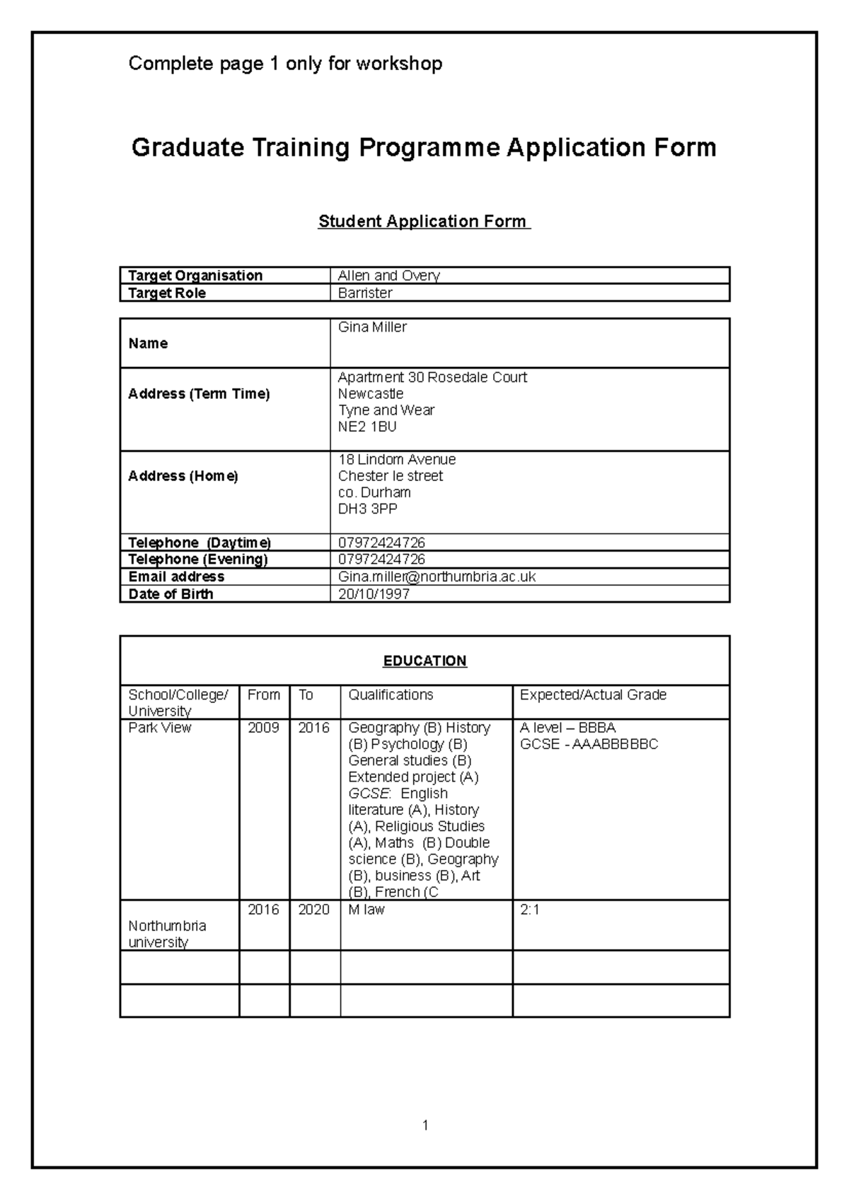 Workshop 3 Application Form - Graduate Training Programme Application ...