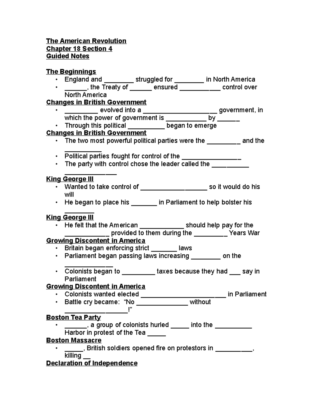 American Revolution Gnc 18s4 The American Revolution Chapter 18 Section 4 Guided Notes The 6869